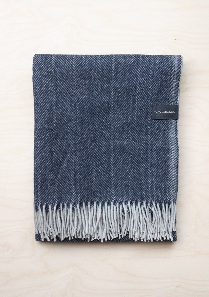 Recycled Wool Blanket in Navy Herringbone