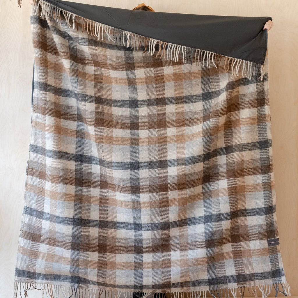 Recycled Wool Waterproof Picnic Blanket in Neutral Check